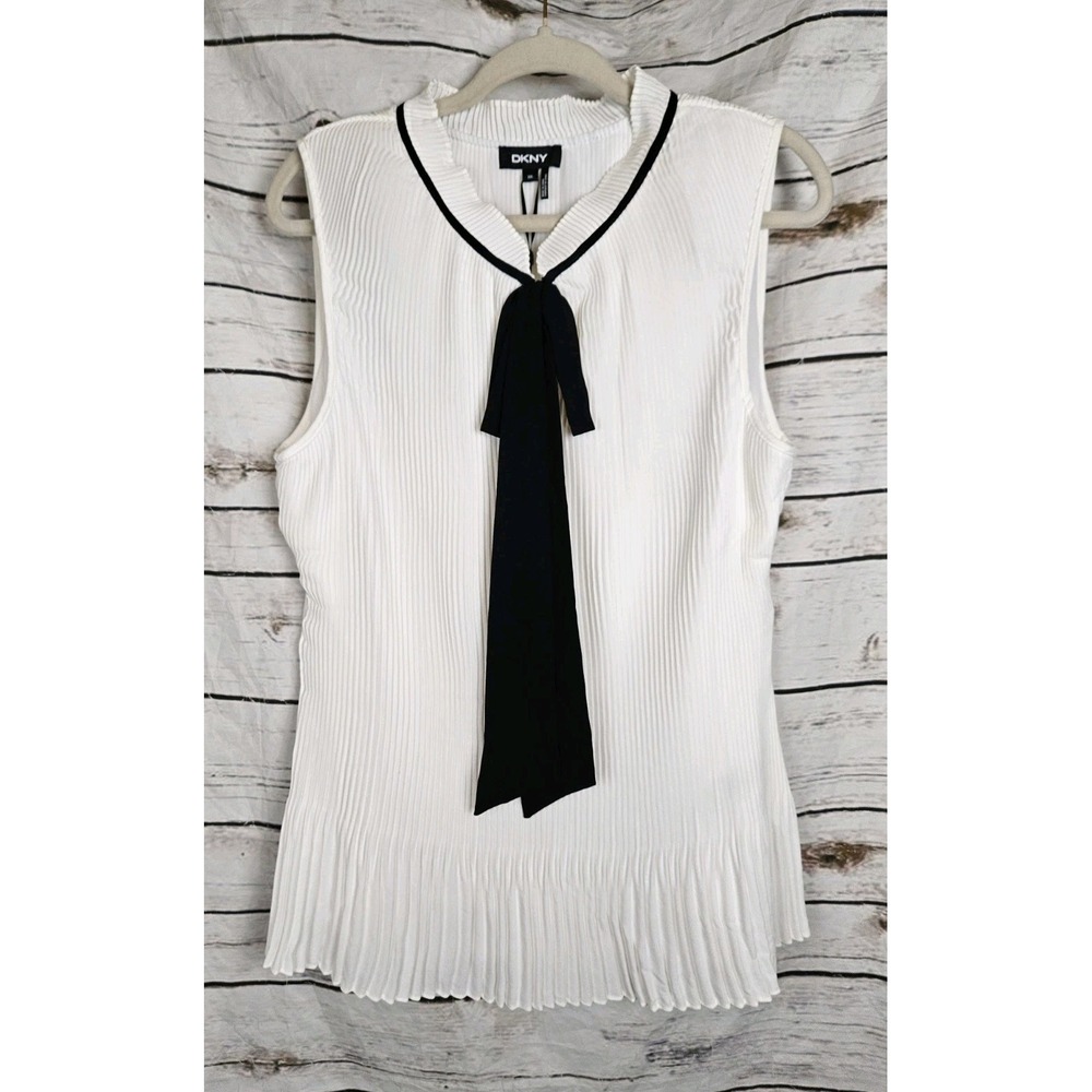 DKNY White Pleated Tie Neck Blouse Top XXL Sleeveless Chiffon Work Dressy NEW